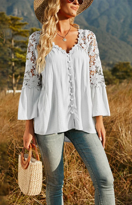 Women's Solid Deep V Pullover Chiffon Blouse Flowy Bohemian Blouse
