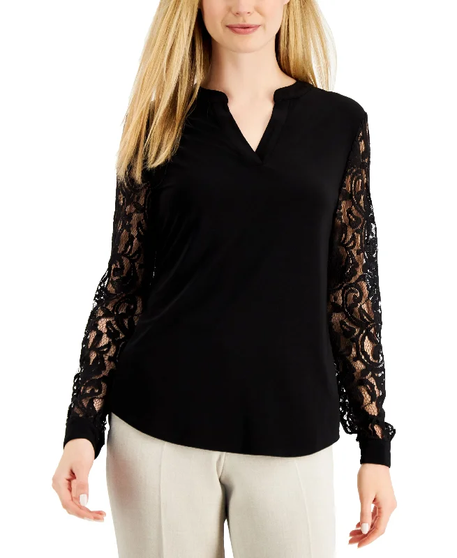 Women's Split-Neck Lace-Sleeve Blouse Silky Tunic Blouse