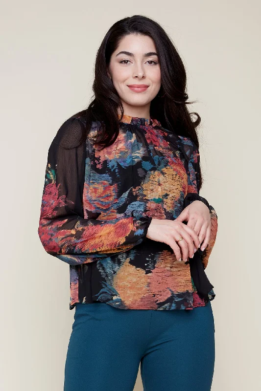 Woven Printed Long Sleeve Blouse Asymmetric Hem Blouse