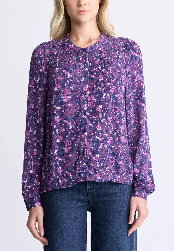 Zosia Women's Floral Print Smocked Blouse, Purple - WT0130H Feminine Satin Blouse