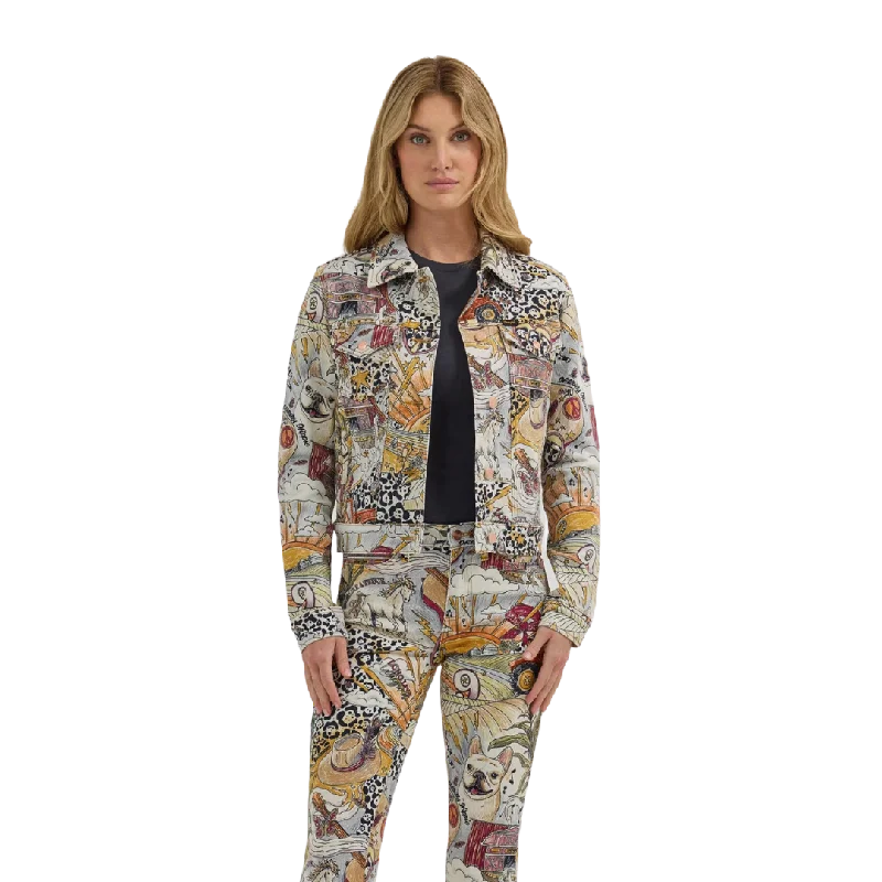 Wrangler Women's Lainey Life Of Multiprint Trucker Jacket A-Line Jacket Boat Neck Shawl Collar Wrangler Women's Lainey Life Of Multiprint Trucker Jacket A-Line Jacket Boat Neck Shawl Collar
