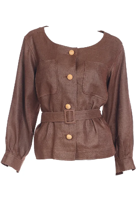 1980s Yves Saint Laurent Brown Linen Jacket w Original Belt Mesh Jacket Canvas Jacket Denim Jacket 1980s Yves Saint Laurent Brown Linen Jacket w Original Belt Mesh Jacket Canvas Jacket Denim Jacket