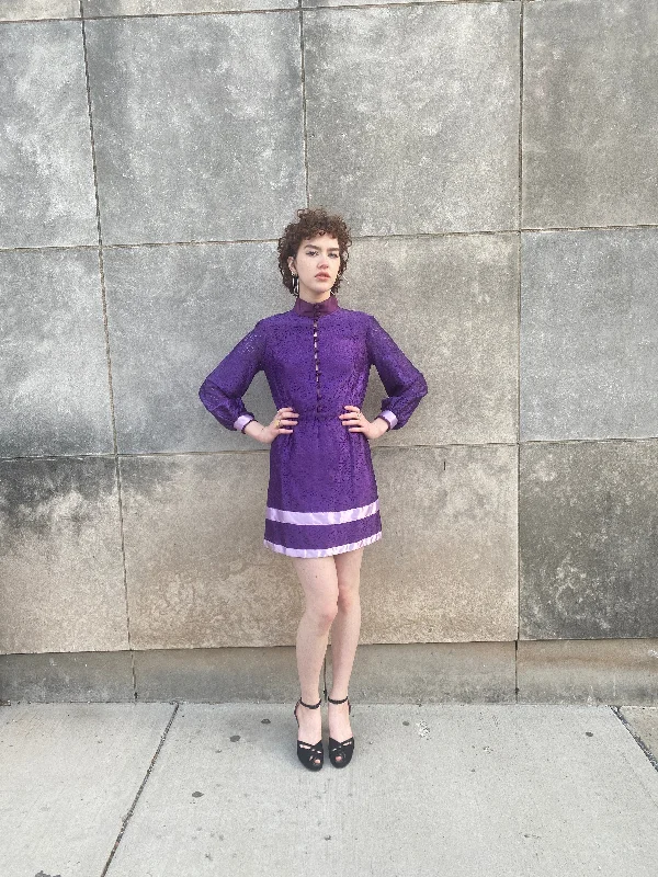 70s Purple Lace Mini Dress, High Neck Collar Elegant Tulle Mini Dress