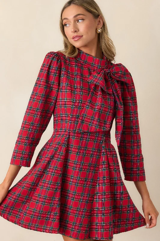 A Perfect Balance 100% Cotton Red Plaid Bow Mini Dress Fashionable Off-Shoulder Mini Dress