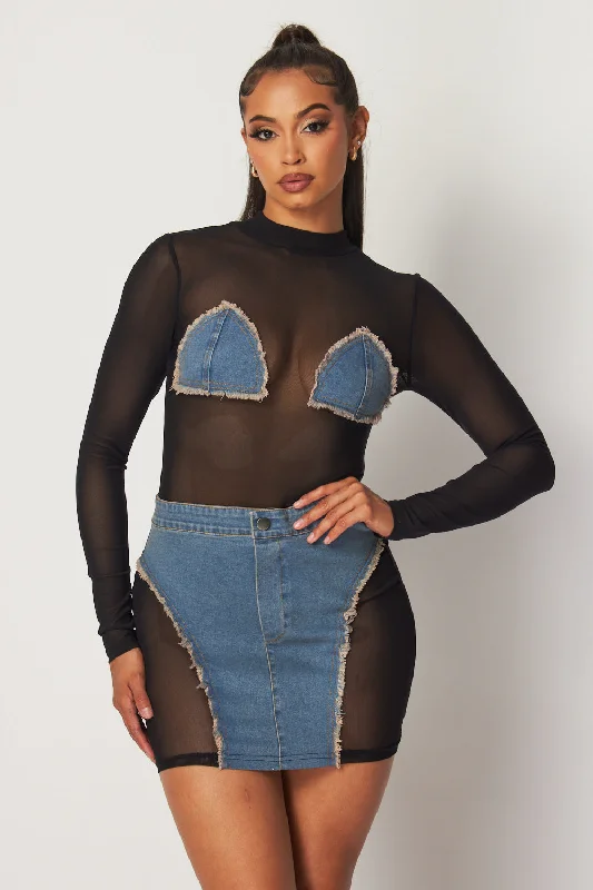Adrienne Sheer Mesh Denim Contrast Mini Dress Comfortable Casual Mini Dress