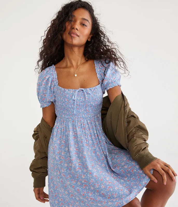 Aeropostale Floral Square-Neck Smocked Mini Dress Cozy Knitted Mini Dress