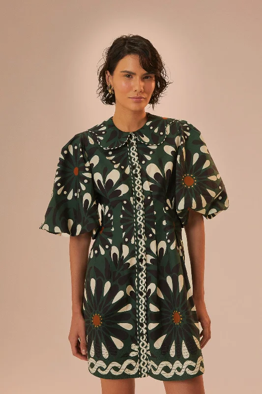 Green Ainika Flowers Short Sleeve Mini Dress Trendy Off-Shoulder Dress Mini