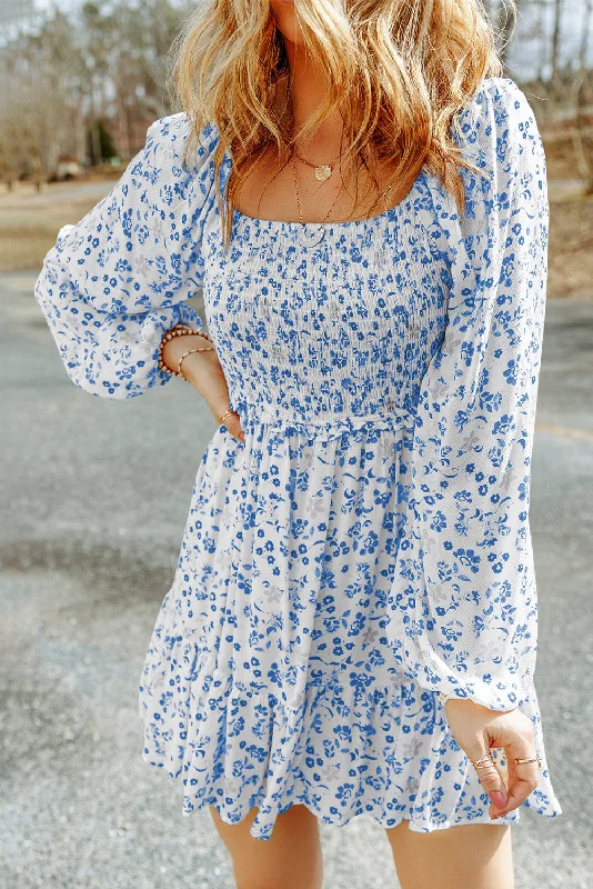 Alanna Boho Floral Smocked Puff Sleeve Mini Dress Cozy T-Shirt Mini Dress