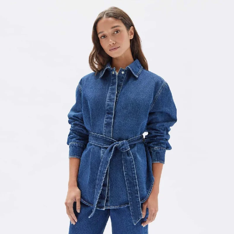 DENIM BELTED JACKET  | HERITAGE BLUE Stand-Up Collar Roll-Neck Collar Turtle Neck