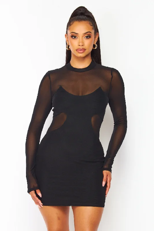 Ava Nylon Contrast Mesh Bodycon Cutout Mini Dress Fashionable A-Line Mini Dress