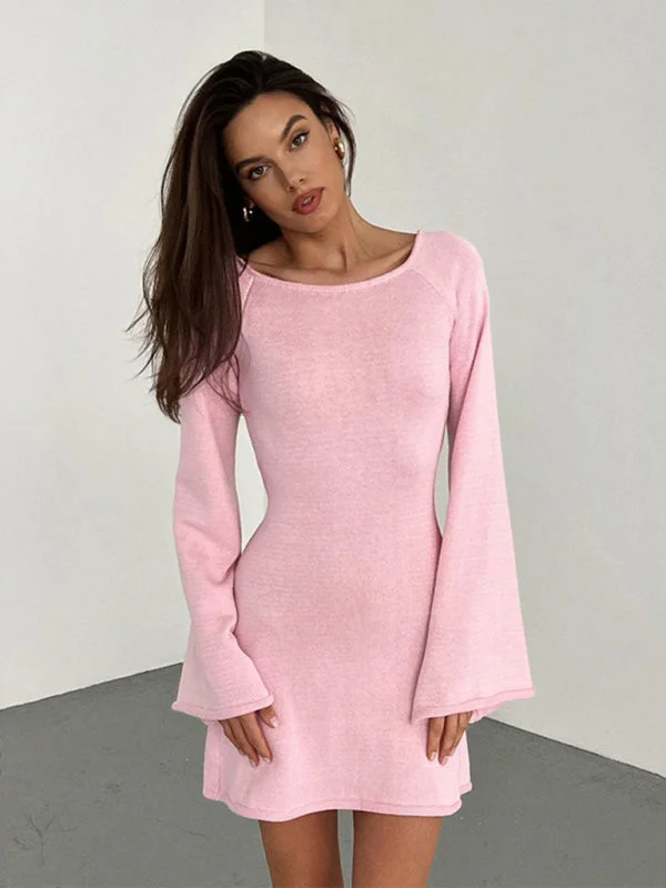 Blue Zone Planet | Ava's Backless Bell Sleeve Loose Beach Vacation Mini Dress Cozy Ribbed Mini Dress