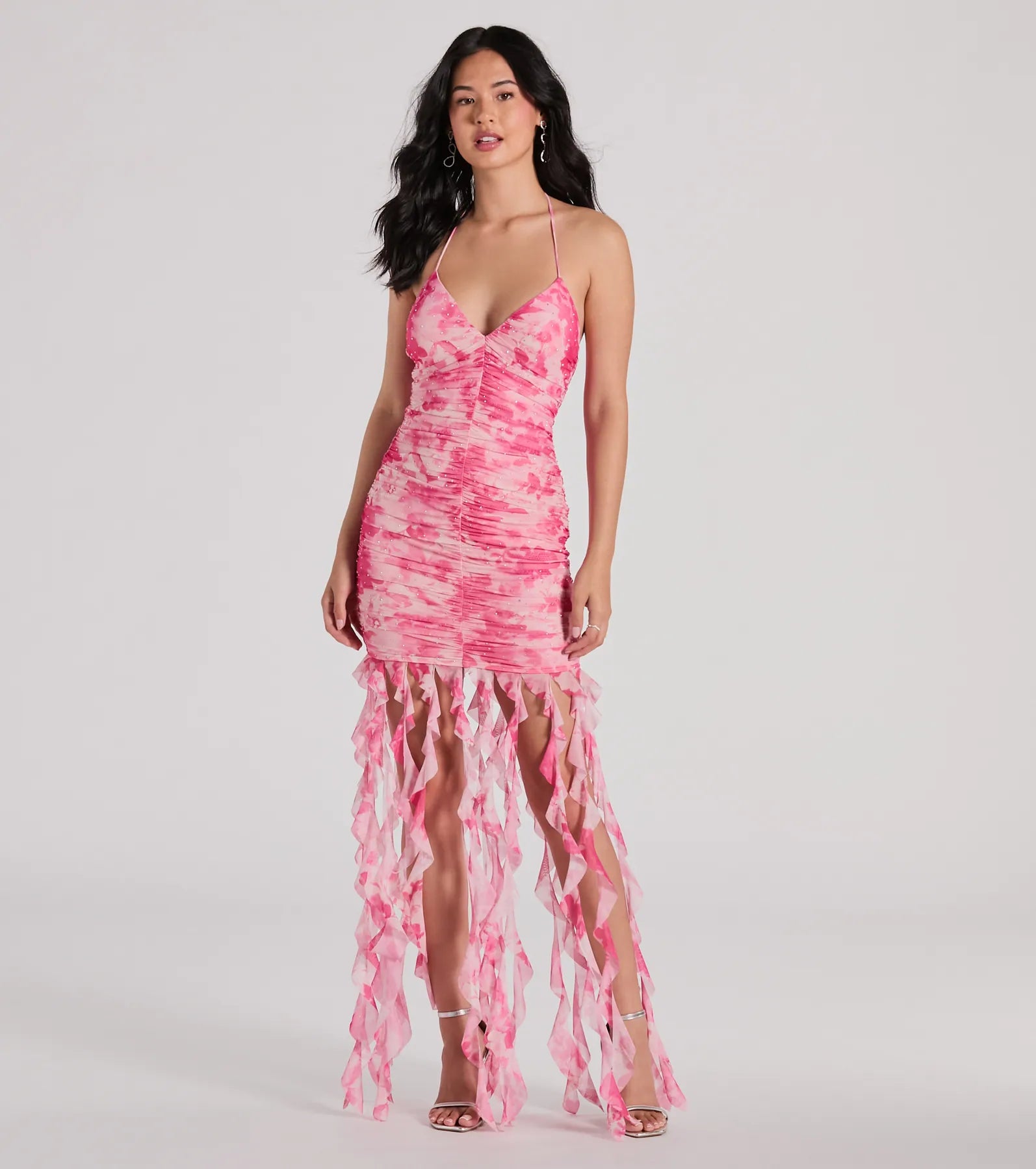 Belinda Halter Floral Rhinestone Ruffle Mini Dress Stylish Button-Down Mini Dress
