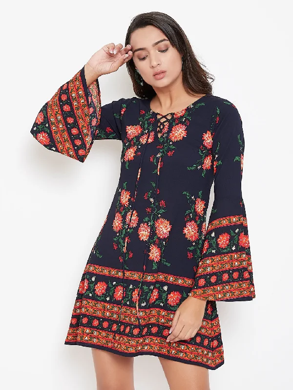 Berrylush Women Navy Blue & Orange Floral Printed Tie-Up Neck A-Line Mini Dress Stylish Spaghetti Strap Mini Dress Berrylush Women Navy Blue & Orange Floral Printed Tie-Up Neck A-Line Mini Dress Stylish Spaghetti Strap Mini Dress