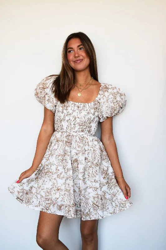 Toile Smocked Mini Dress- Natural Cozy A-Line Mini Dress