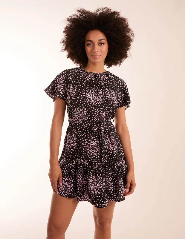 Frill Sleeve Belted Mini Dress Comfortable Fit-and-Flare Mini Dress