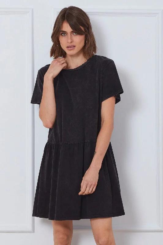 Black Mini Dress Short Sleeve Trendy A-Line Mini Dress