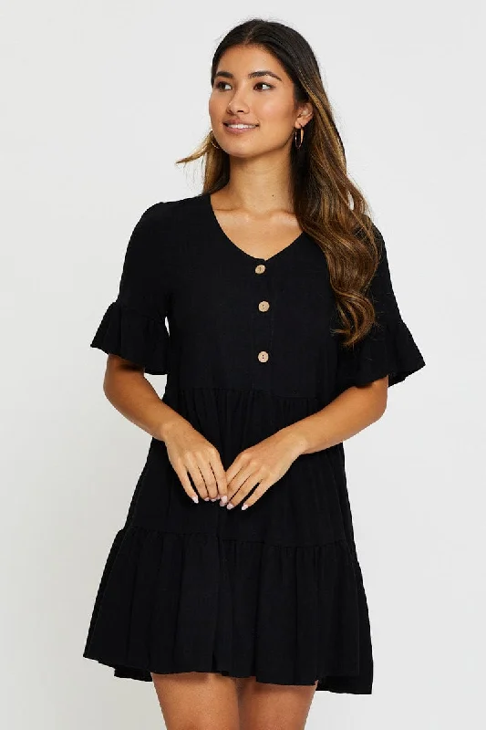 Black Mini Dress Short Sleeve Cozy Satin Mini Dress