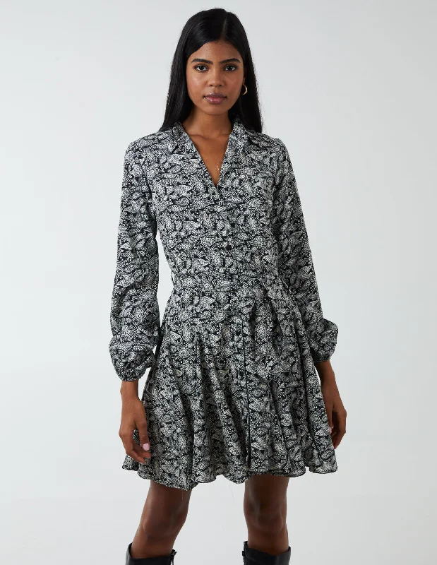 Shirt Mini Dress With Godet Hem & Tie Stylish Button-Down Mini Dress
