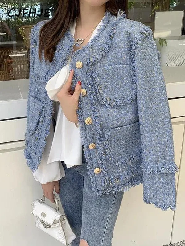 Elegant Blue Tassel Tweed Jacket Women Herringbone Jacket Checkered Jacket Solid Jacket Elegant Blue Tassel Tweed Jacket Women Herringbone Jacket Checkered Jacket Solid Jacket