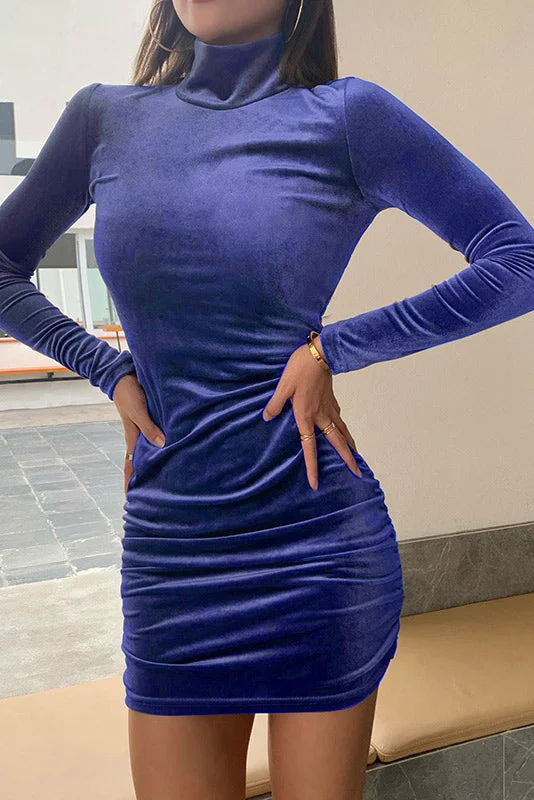 Blue Velvet High Neck Long Sleeve Mini Dress Fashionable Mini Dress with Pockets