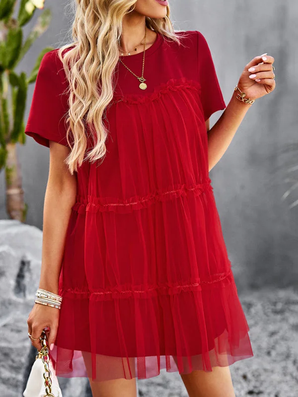 Blue Zone Planet | Mesh splicing elegant round neck solid color mini dress Stylish Floral Print Mini Dress Blue Zone Planet | Mesh splicing elegant round neck solid color mini dress Stylish Floral Print Mini Dress