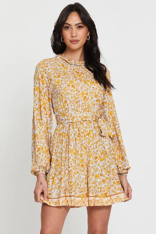Boho Print Mini Dress Long Sleeve Chic Mini Dress with V-Neck