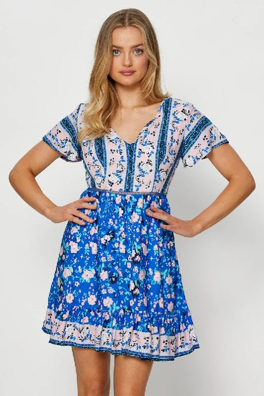 Boho Print Mini Dress Short Sleeve Elegant Satin Mini Dress