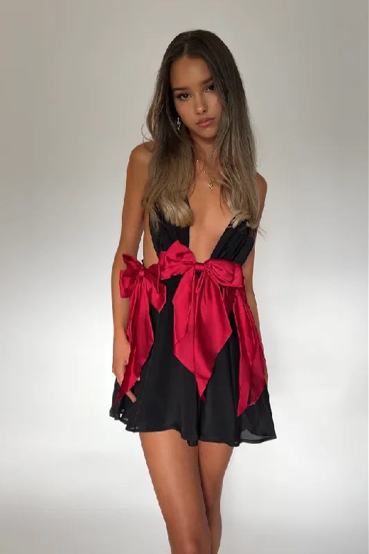 BRIANNA MINI DRESS - NIGHT NYMPH SILK & ROUGE BOWS Elegant Lace-Up Mini Dress