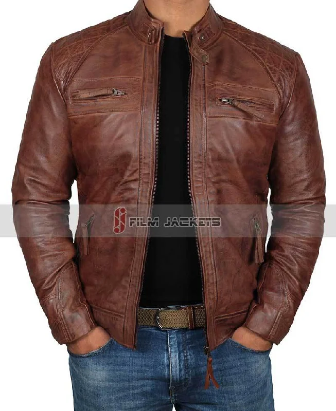 Brown Distressed Lambskin Leather Jacket Notch Collar Peter Pan Collar Cowl Neck