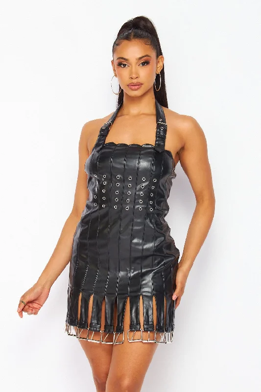 Buckle Up Faux Leather Belt Detail Mini Dress Fashionable Party Mini Dress