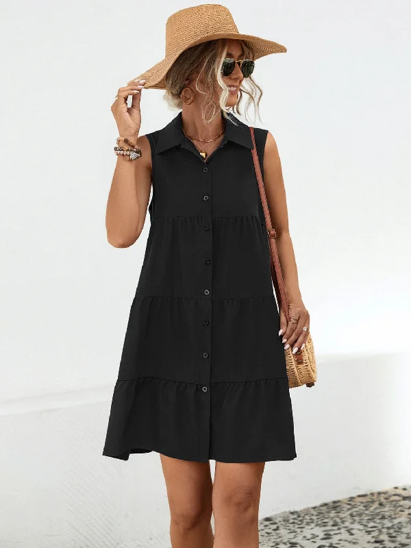 Hazel Blues® |  Button Up Sleeveless Mini Dress Classic Solid Mini Dress