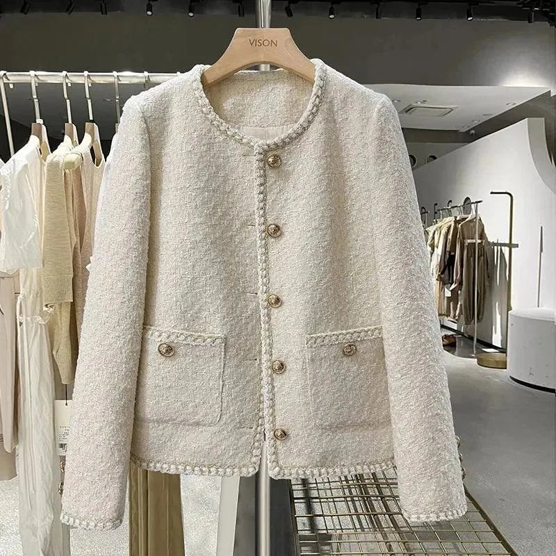 Casual Round Neck Women Tweed Jacket Ribbed Jacket Pleated Jacket Ruffled Jacket