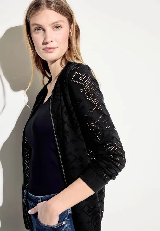 Cecil Ajour Jacket black 21513 Belted Jacket Elasticated Jacket Padded Jacket