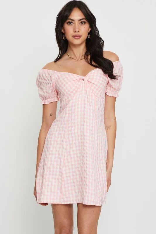 Check Mini Dress Off Shoulder Cozy Cowl Neck Mini Dress