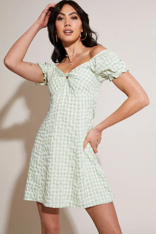 Check Mini Dress Off Shoulder Comfortable One-Shoulder Mini Dress