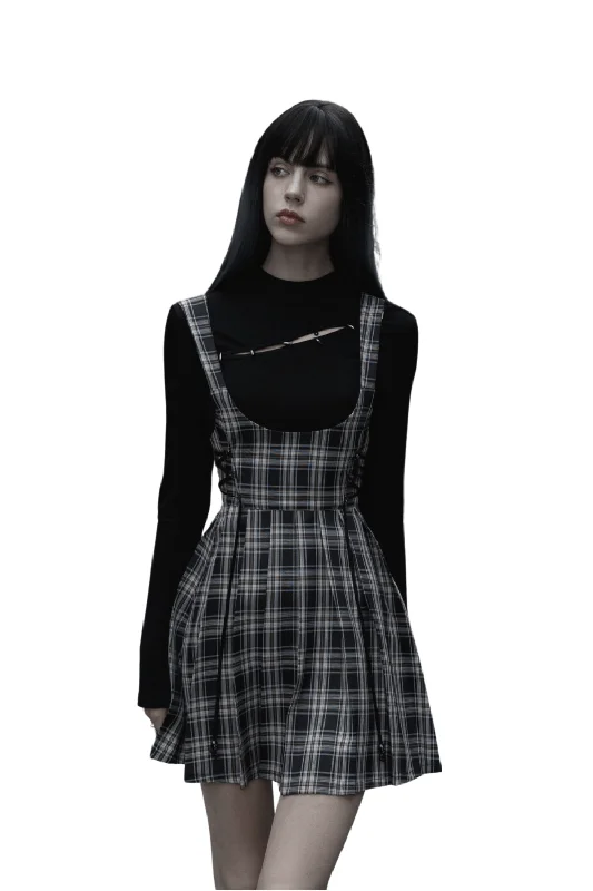 Chic Plaid Pleated Mini Dress with Strap Detail Comfortable Boho Mini Dress