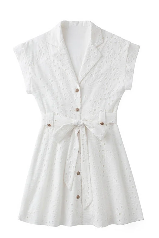 White Lace Short Sleeves Mini Dress Elegant Lace-Up Mini Dress