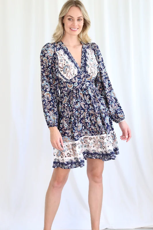 Loretta Mini Dress - Navy/Brown Cozy Ruched Mini Dress
