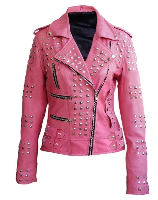Women Pink Studded Studs Genuine Leather Jacket Herringbone Jacket Checkered Jacket Solid Jacket Women Pink Studded Studs Genuine Leather Jacket Herringbone Jacket Checkered Jacket Solid Jacket