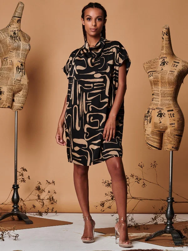 Cowl Neck Tunic Mini Dress, Stone/Black Chic Bohemian Mini Dress