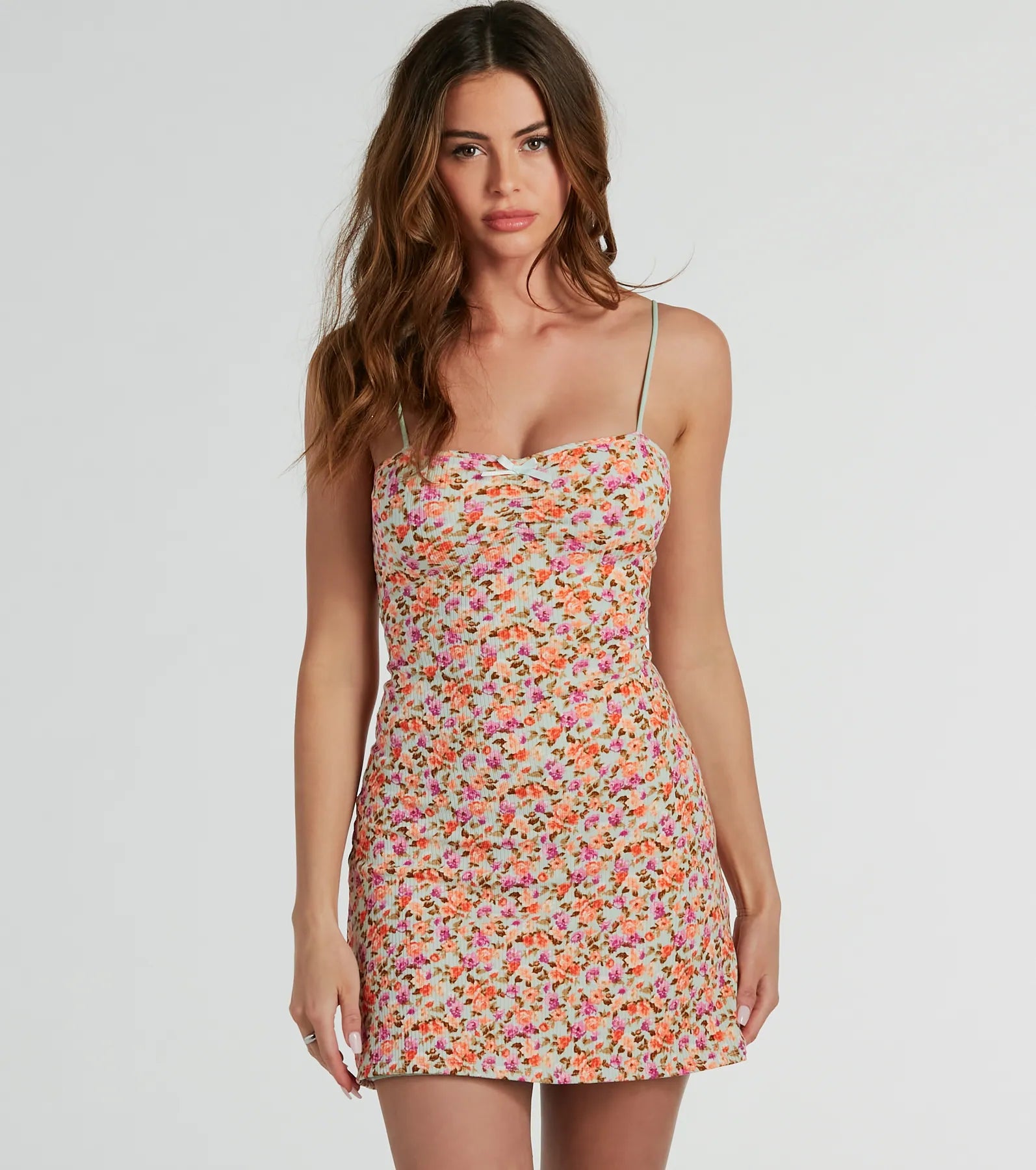 Day To Night Charm Lace-Up Ditsy Floral Mini Dress Cozy Jersey Mini Dress