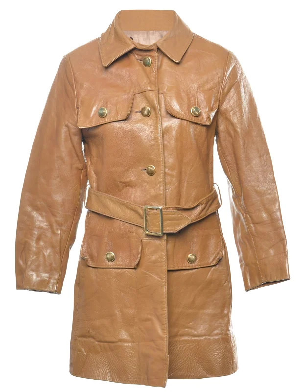 Double Breasted Brown Leather Jacket - S Front Pockets Side Pockets Patch Pockets