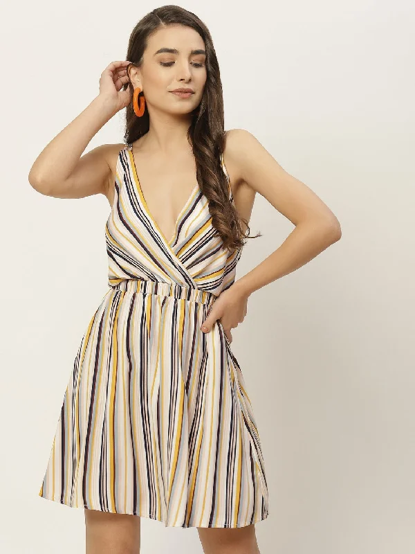 Berrylush Women White & Multicolour Stripe Printed V-Neck Open Back Straight Hem A-Line Mini Dress Casual Mini Dress with Pockets