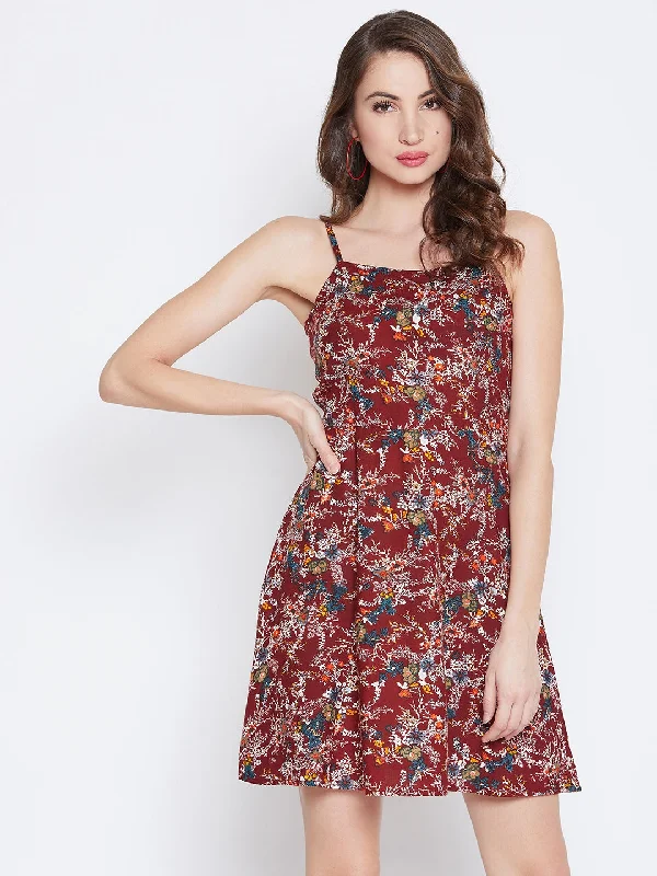 Berrylush Women Maroon & White Floral Printed Square Neck Fit & Flare Mini Dress Cozy Cotton Mini Dress