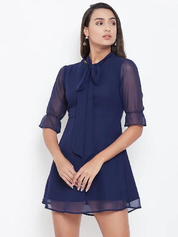 Berrylush Women Solid Navy Blue Elasticated Sleeve Tie-Knot Mini Dress Comfortable Zip-Up Mini Dress