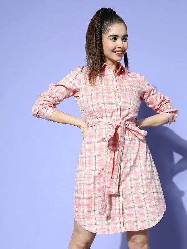 Berrylush Women Pink & White Checked Pattern Collar Neck Crepe Waist Tie-Up Curved Hem Shirt Style Mini Dress Fashionable Lace-Trim Mini Dress