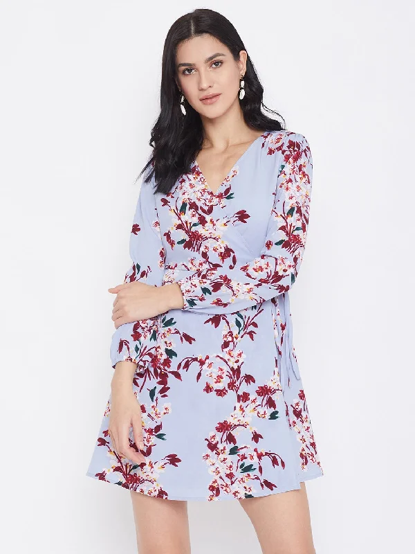 Berrylush Women Blue Floral Printed A-Line Wrap Mini Dress Cozy Sweater Mini Dress