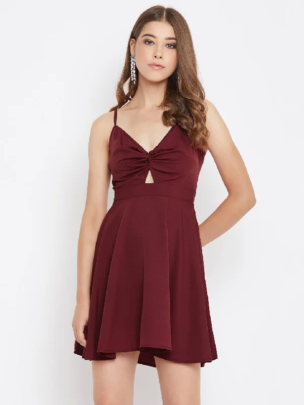 Berrylush Women Solid Maroon Front Twisted Knot Fit & Flare Mini Dress Fashionable Summer Mini Dress Berrylush Women Solid Maroon Front Twisted Knot Fit & Flare Mini Dress Fashionable Summer Mini Dress