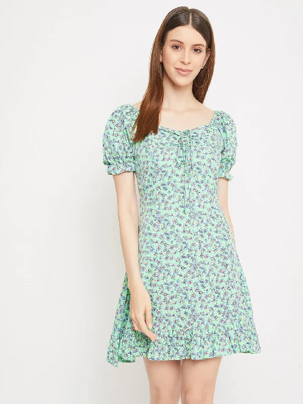Berrylush Women Green Floral Printed Square Neck Mini Dress Cozy Cotton Mini Dress