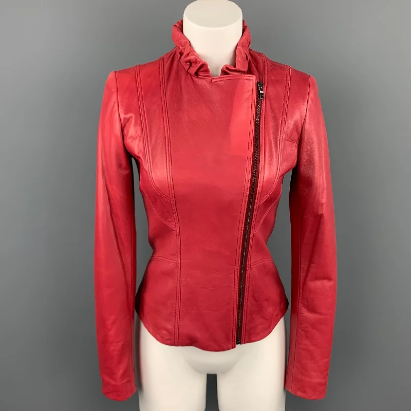 ELIE TAHARI Size XS Red Leather Ruched Collar Jacket Boat Neck Shawl Collar Notched Collar ELIE TAHARI Size XS Red Leather Ruched Collar Jacket Boat Neck Shawl Collar Notched Collar